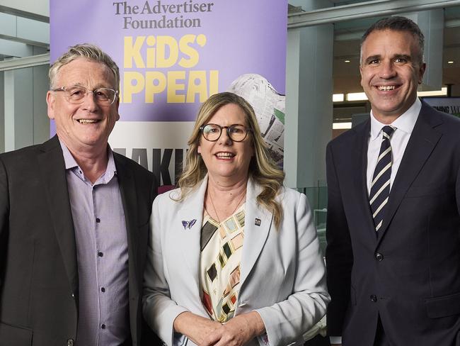 The Advertiser Foundation Kids Appeal in Adelaide, Monday, Sept. 2, 2024. Chair of the Advertiser Foundation Melvin Mansell , Chairman Herald & Weekly Times Penny Fowler and Premier Peter Malinauskas . Picture: Matt Loxton