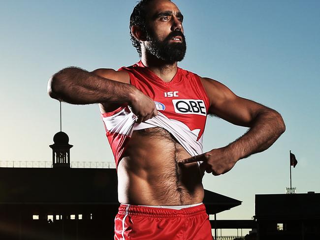 16.5.13 To mark the 20 year anniversary since St. Kilda's Nicky Winmar took a stance against racism in the AFL. One of the great Indigenous players of all time, Adam Goodes of the Sydney Swans reenacts the moment. The Swans play Collingwood on Friday night kicking off the AFL's Indigenous Round. Picture: Phil HillyardThe Final Qaurter - The documentary on the final 3 years of the career of Adam Goodes of the Sydney Swans.