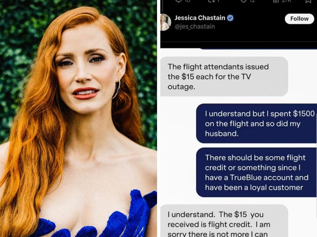 Jessica Chastain has deleted a series of tweets complaining about an airline's customer service.