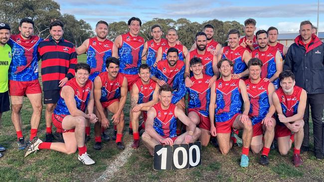 Lockleys Footballer Ben Haren (front) with his teammates after kicking 100 goals for season 2022. Picture: Lockleys Football Club