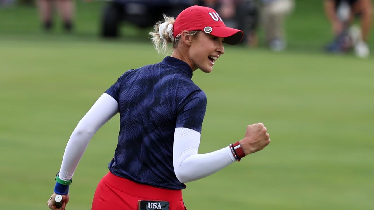 GAINESVILLE, VIRGINIA - SEPTEMBER 13: Nelly Korda of Team United States react after winning their match on the 14th hole during the Friday Fourball matches against Team Europe during the first round of the Solheim Cup 2024 at Robert Trent Jones Golf Club on September 13, 2024 in Gainesville, Virginia. (Photo by Scott Taetsch/Getty Images)