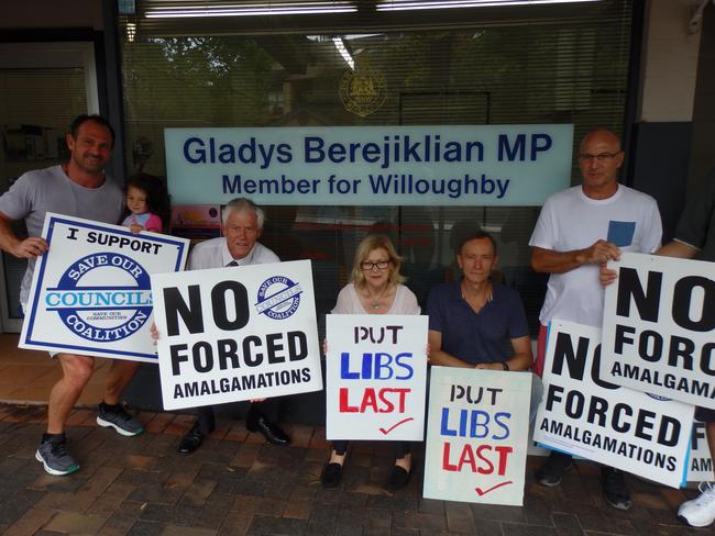 A protest against forced council amalgamations outside NSW Premier Gladys Berejiklian's electorate office in Naremburn. Picture: Will Tuck