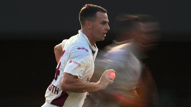 BRISBANE, AUSTRALIA - NOVEMBER 24: (EDITORS NOTE: Multiple exposures were combined in camera to produce this image.) Jack Wildermuth of Queensland bolws during the Sheffield Shield match between Queensland and Victoria at The Gabba, on November 24, 2024, in Brisbane, Australia. (Photo by Matt Roberts/Getty Images)