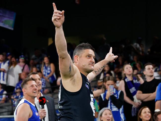 MELBOURNE, AUSTRALIA - MARCH 29: Brendan Fevola, Carlton Hall of Famer, participates in the half time Kick for the Kids activation during the 2024 AFL Round 03 match between the North Melbourne Kangaroos and the Carlton Blues at Marvel Stadium on March 29, 2024 in Melbourne, Australia. (Photo by Dylan Burns/AFL Photos via Getty Images)