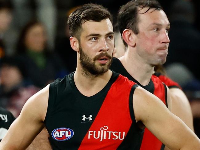 MELBOURNE, AUSTRALIA – JULY 19: Kyle Langford of the Bombers looks dejected after a loss during the 2024 AFL Round 19 match between the Essendon Bombers and the Adelaide Crows at Marvel Stadium on July 19, 2024 in Melbourne, Australia. (Photo by Michael Willson/AFL Photos via Getty Images)