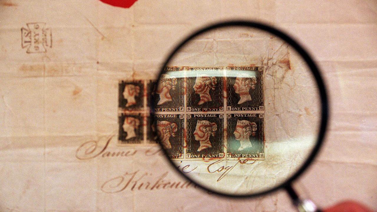 The biggest known block of Penny Black stamps, postmarked May 06 1840, which sold for a record $363,000 when they were auctioned at Stanley Gibbons in London in 1998. Picture: AP