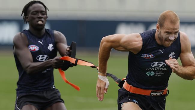 Carlton defender Dominic Akuei (left) is among other Blues being considered for a senior debut after a breakout campaign at VFL level. Picture: Michael Klein