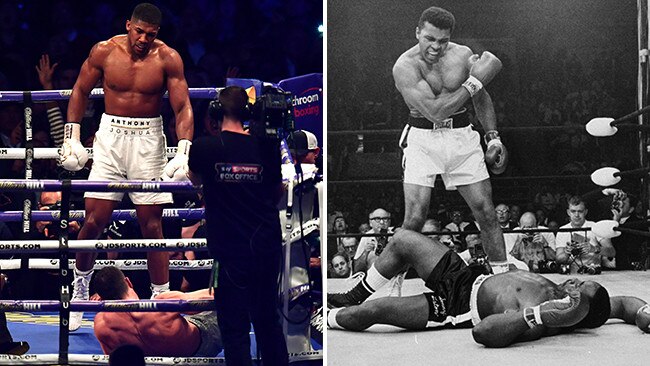 Anthony Joshua knocks down Wladimir Klitschko and Muhammad Ali stands over fallen challenger Sonny Liston in 1965. Picture: Getty/AP