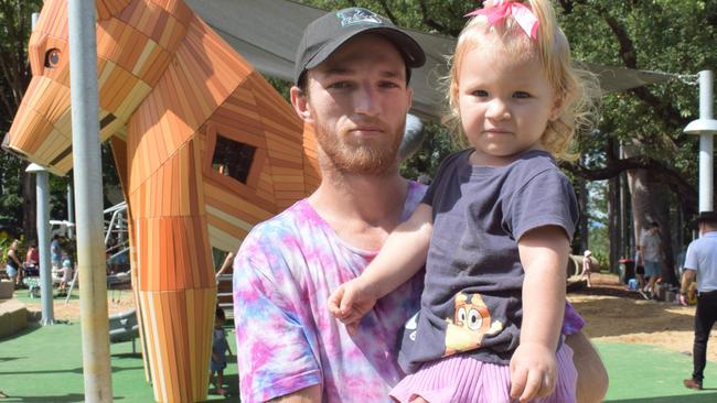 Andrew Shaw and Chloe McKenzie at the redeveloped playground at Rockhampton Botanic Gardens on March 11, 2023. Picture: Aden Stokes