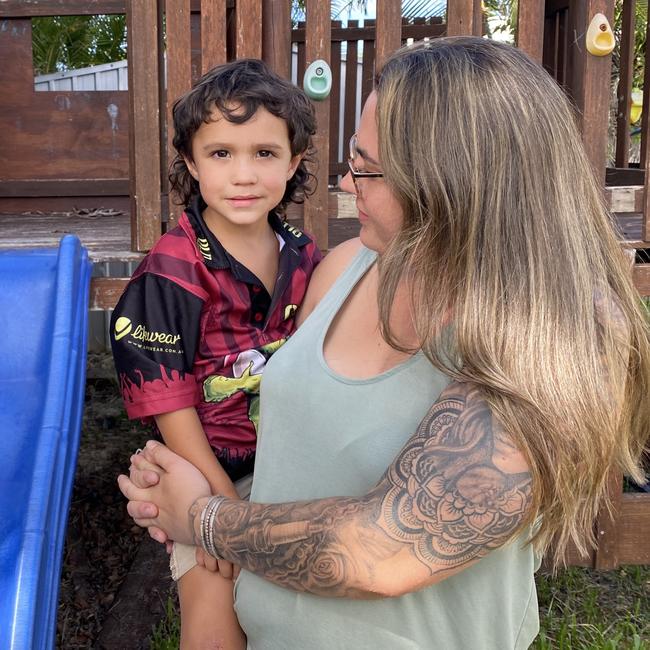 Three-year-old, Ryker, in the backyard of his new home with mum, Ainsleigh Ross, of Gladstone. Picture: Nilsson Jones