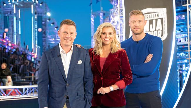 Australian Ninja Warrior hosts Ben Fordham, Rebecca Maddern and Freddie Flintoff. Picture: Nine Network