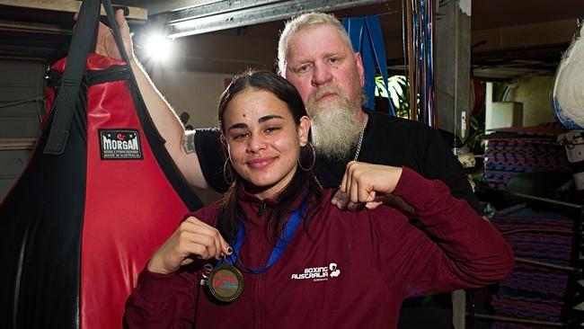Boxing Australia under-19 women’s bantamweight (54kg) champion Leah Reuben and coach Zap De Jong at Do It Boxing. Picture: Janne Rytkonen