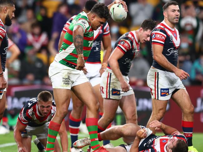 Latrell Mitchell reacts after scoring a try against the Roosters in the same match that cost him six weeks suspension for the hit on Joseph Manu. Picture: Chris Hyde/Getty Images