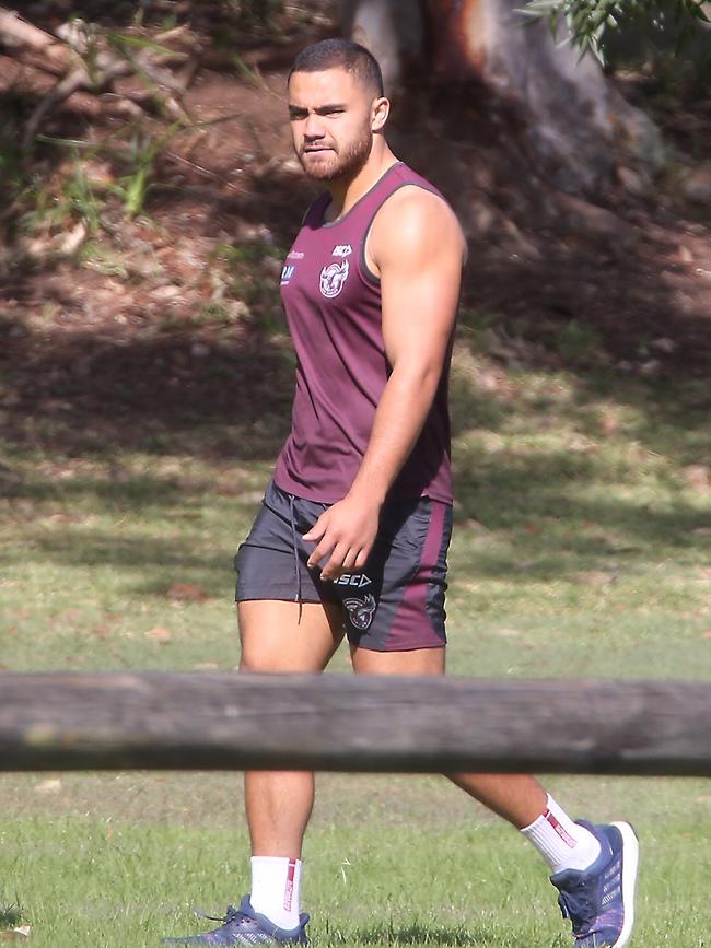 Manly player Dylan Walker trains with teammates at Narrabeen. Picture: John Grainger