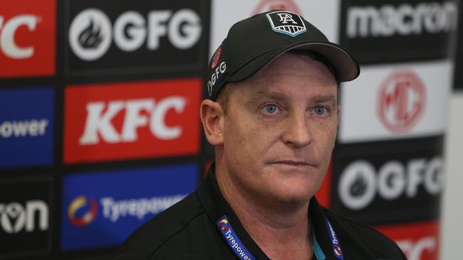 ADELAIDE, AUSTRALIA - NEWSWIRE Photos MAY 10, 2021: Michael Voss - Senior Assistant at Port Adelaide AFL football club talks to media at a press conference after players undertook a light recovery session at Alberton Oval, Alberton, South Australia. Picture: NCA NewsWire / Emma Brasier