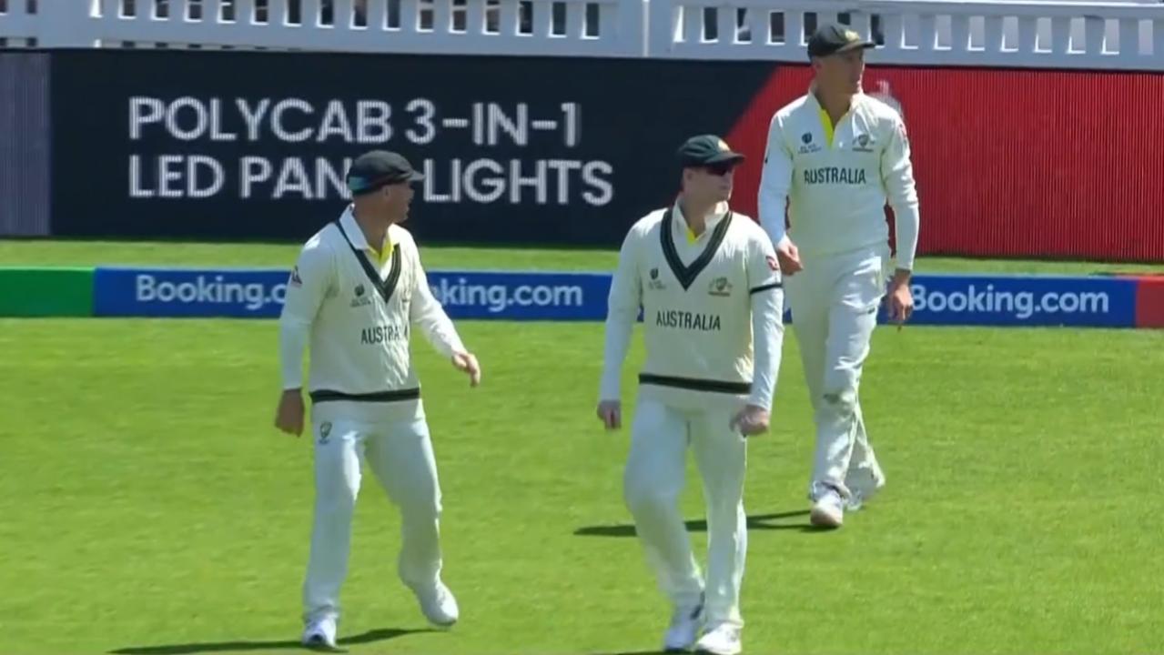 David Warner, Steve Smith and Marnus Labuschagne come back onto the field after an overturned decision during the 2023 World Test Championship Final. Photo: Seven