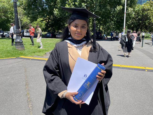 Sahaya Mercy Victor Babu graduated with a Bachelor of Commerce at the 2024 University of Melbourne graduations. Picture: Himangi Singh