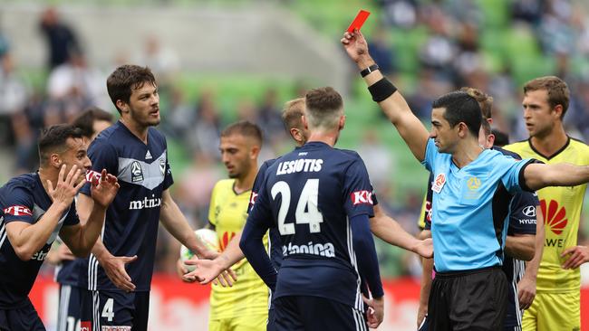 Melbourne Victory’s Kristian Dobras is sent off against the Phoenix. Picture: Getty Images