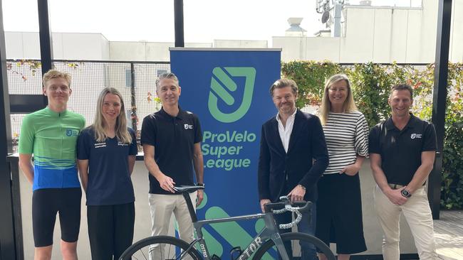 Australian young riders Keely Bennett and Dylan Proctor-Parker with Matt Wilson, Andrew Ryan, AusCycling CEO Marne Fechner and Aaron Flanagan at the launch of the ProVelo Super League. Picture: Shane Jones.