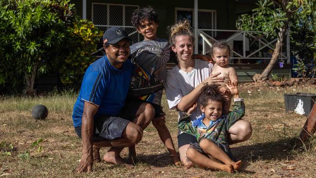 Dylan Cooper and Michelle Kmon at their home with their children Lui Cooper (7), Wren Cooper (1) and Shiloh Cooper (4). Picture: Helen Orr