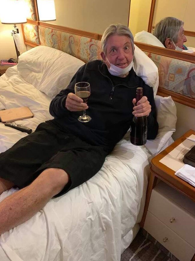 Quarantined Australian Diamond Princess passenger Dave Binskin had wine delivered by drone to his cabin. Picture: Facebook