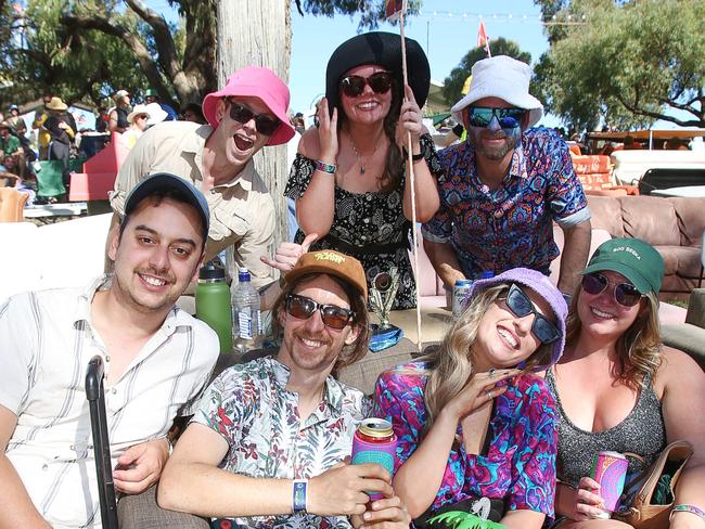 Luke, Jade, Seth, Shae, Gemma, Tom and Adam. Revelers enjoyed 30 degree-plus weather for the Golden Plains Festival near Meredith on Saturday. Picture: Alan Barber