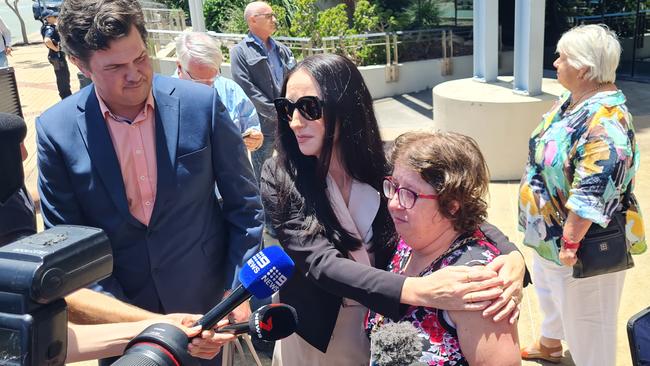 Claudine Snow (centre), who lost her mum and sister in a horrific fatal crash in Bonogin, spoke outside court after Uiatu ‘Joan’ Taufua was committed to stand trial on three counts of manslaughter. Picture: NewsWire / Blake Antrobus