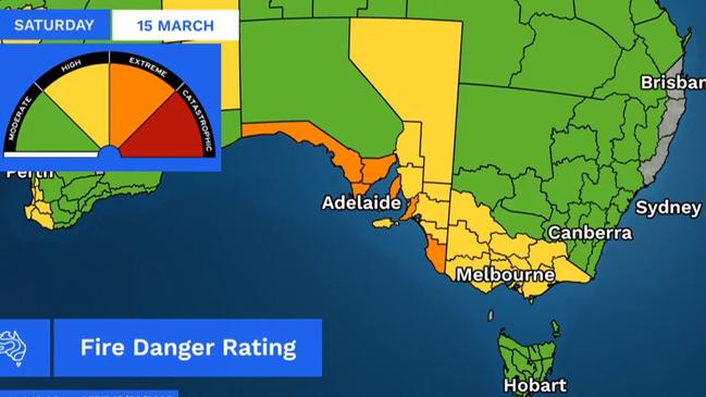 On Saturday, coastal areas of SA have been warned of extreme fire danger wit high fire danger in much of the rest of the state, Victoria and parts of NSW. Picture: BOM.