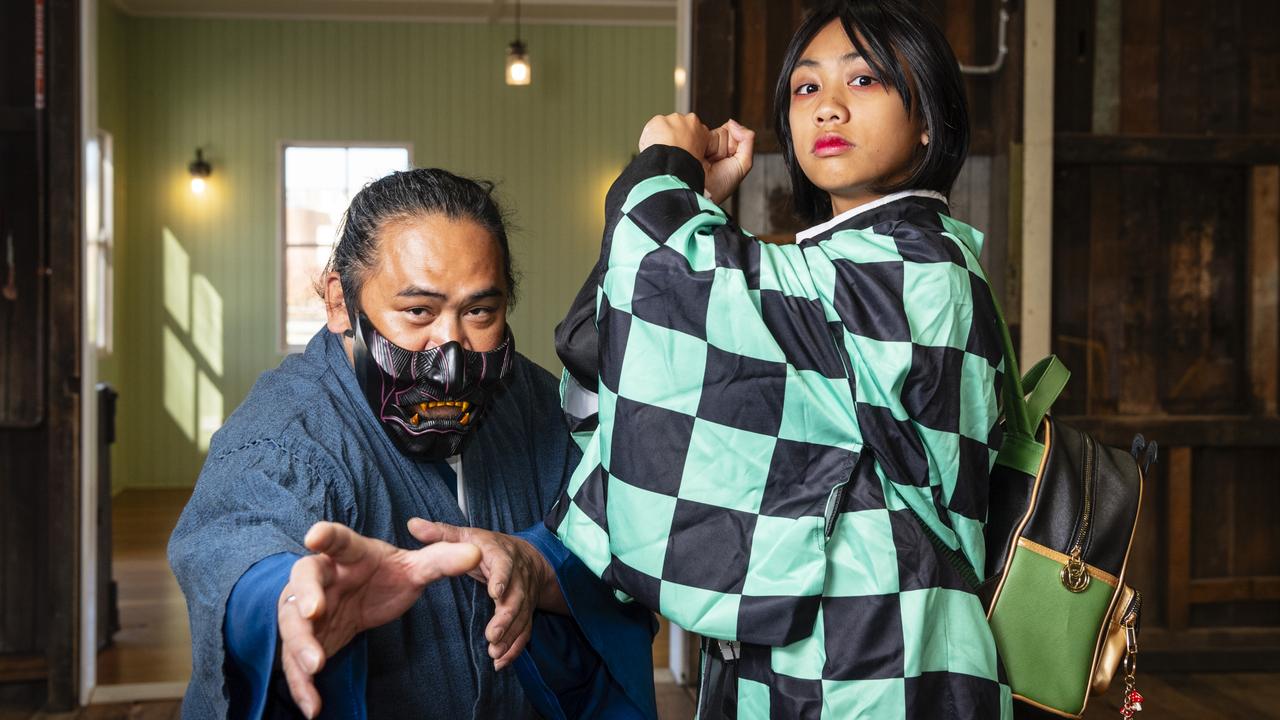 Ricky Bumatay as the Ghost of Tsushima with daughter Sophia Bumatay as Tanjiro Kamado at Comic-Geddon at The Goods Shed, Sunday, June 25, 2023. Picture: Kevin Farmer