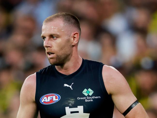 MELBOURNE, AUSTRALIA - MARCH 16: Sam Docherty of the Blues looks on during the 2023 AFL Round 01 match between the Richmond Tigers and the Carlton Blues at the Melbourne Cricket Ground on March 16, 2023 in Melbourne, Australia. (Photo by Dylan Burns/AFL Photos via Getty Images)