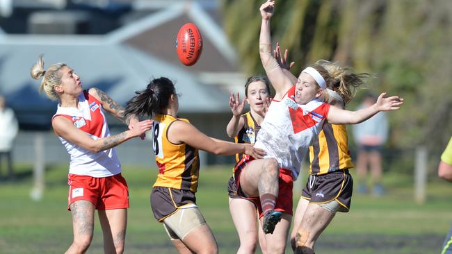 Hawthorn and South Melbourne Districts do battle in the second semi-final at Rathmines Road Reserve. Picture: Chris Eastman