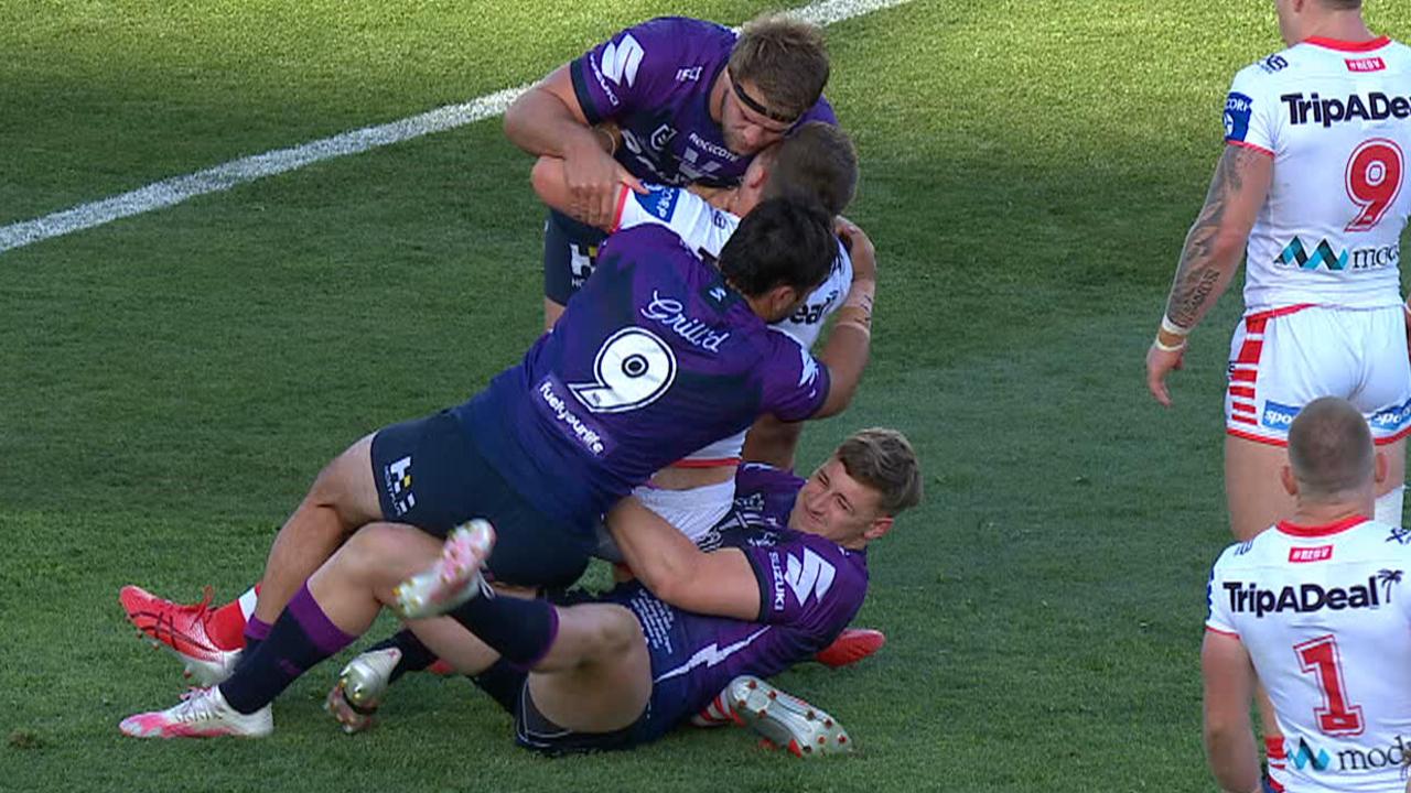 Storm player Max King's ordinary tackle on Blake Lawrie.