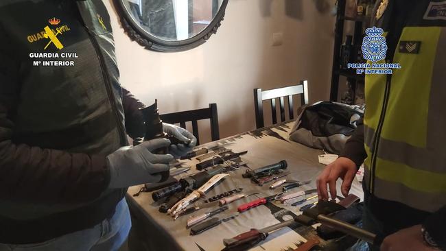 Spain’s Guardia Civil lay out weapons seized from Comanchero bikie gang members in a major bust in the central Spanish town of Guadalajara in March 2023. Picture: Supplied