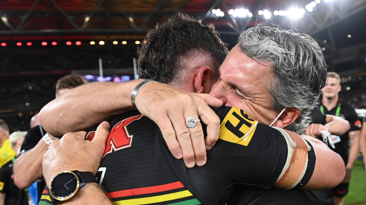 Nathan Cleary of the Panthers hugs his father and coach Ivan Cleary after winning the 2021 NRL Grand Final. (Photo by Bradley Kanaris/Getty Images)