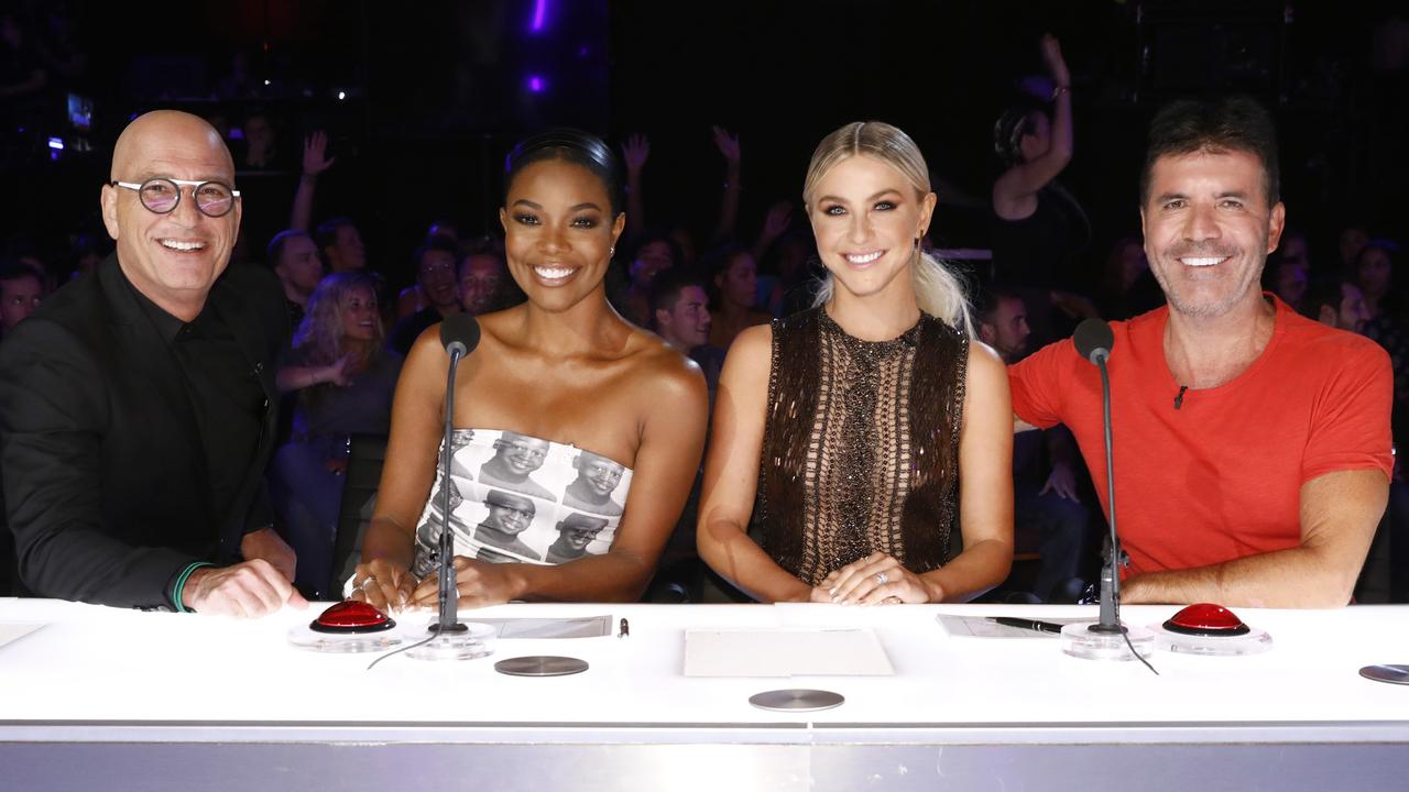 From left, Howie Mandel, Gabrielle Union, Julianne Hough and Simon Cowell on the set of America's Got Talent. Picture: NBC via AP