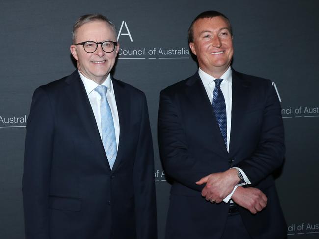 23/8/23: Incoming CEO Bran Black and PM Anthony Albanese at the Business Council of Australia Annual Dinner in Sydney. John Feder/The Australian.