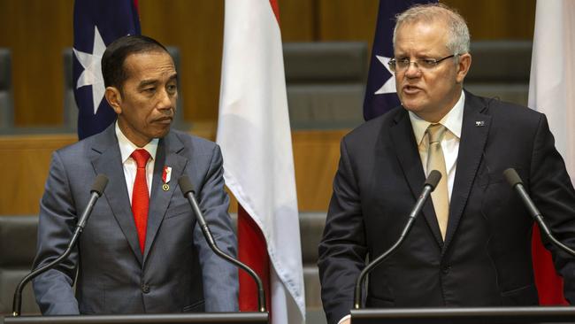 Indonesian President Joko Widodo and Scott Morrison at a joint press conference in Canberra on Monday. Picture: Gary Ramage