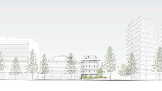 An artist's impression of a proposed five-story apartment block redevelopment at 61 North Steyne, Manly, showing its height in relation to neighbouring buildings. Picture: Plantation Architects