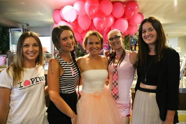 GIRLS: Kim Dowling (centre) having a Night in for Breast Cancer . Picture: Contributed