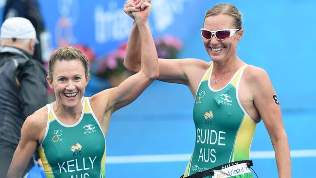 Katie Kelly and Michellie Jones after winning the Yokohama world para-triathlon.