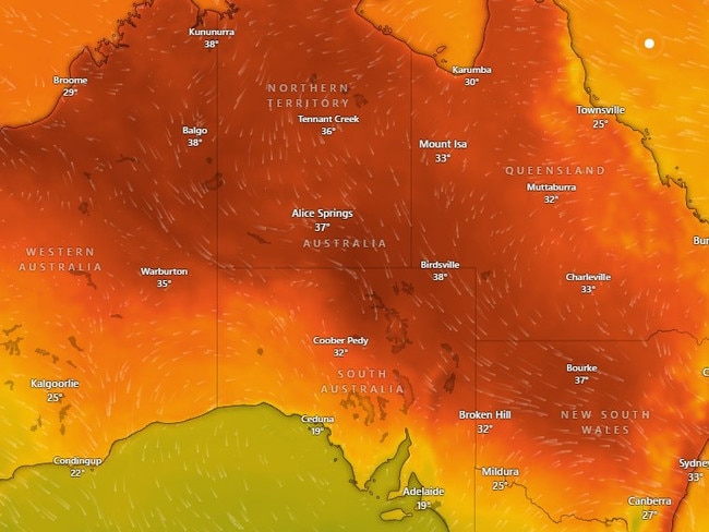 High temperatures are forecast for October 1, the day of the NRL Grand Final, across Sydney and the Northern Territory. Picture: Windy.com