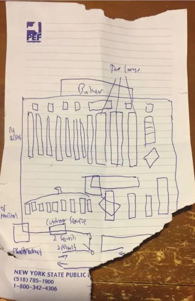 Hand-drawn sketches of the supermarket’s layout were found in his room.