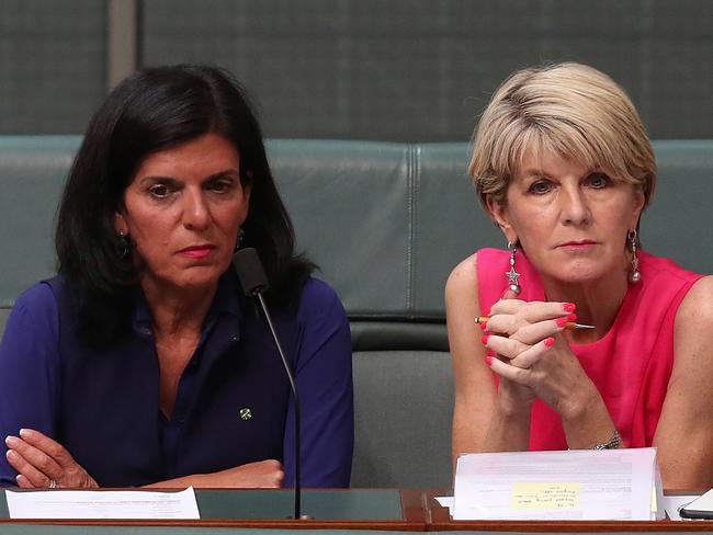 Julia Banks and Julie Bishop in Question Time in the House of Representatives Chamber. Picture: Kym Smith