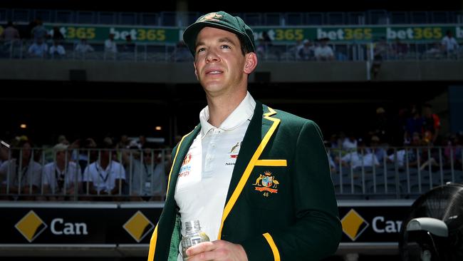 PERTH, AUSTRALIA - DECEMBER 12: Australian captain Tim Paine walks onto the field during day one of the First Test match between Australia and New Zealand at Optus Stadium on December 12, 2019 in Perth, Australia. (Photo by Cameron Spencer/Getty Images)