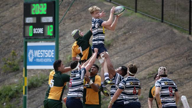 Brothers no.7 Jock Thompson with the ball as Wests vs Brothers at the Colts Rugby Union Match, Toowong, Saturday August 29, 2020. (Image Sarah Marshall)