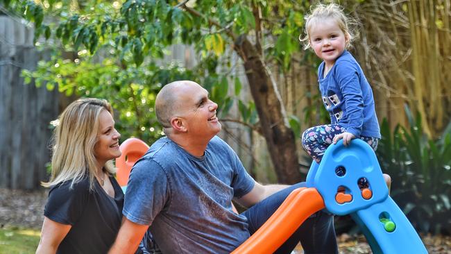 Brad Taws, pictured with wife Annetta Brown-Shepherd and daughter, Ella, was part of a stroke drug trial to restore blood flow to the brain faster. Picture: Tony Gough