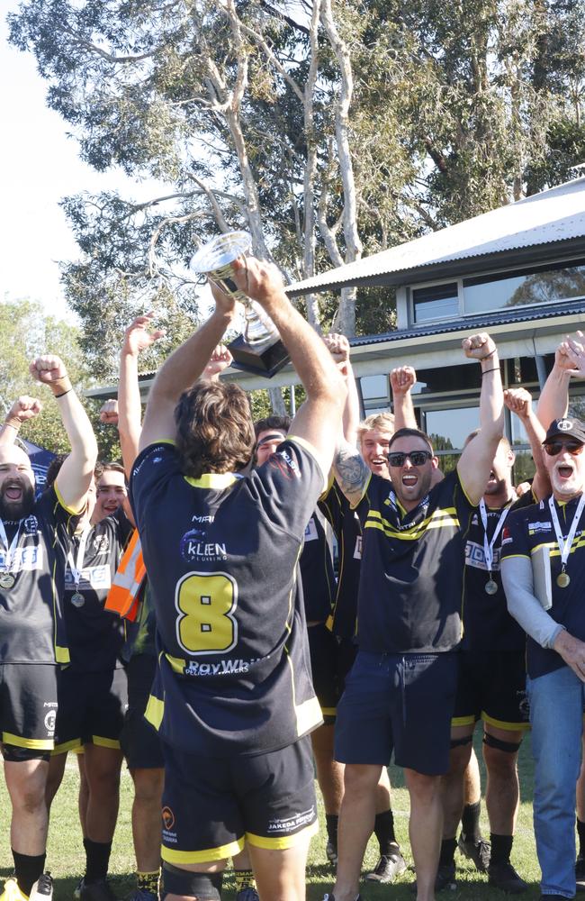 Caloundra reserve grade captain Luke Frisby celebrates with his team. Picture: Patrick Gillett/Pattman Sport.