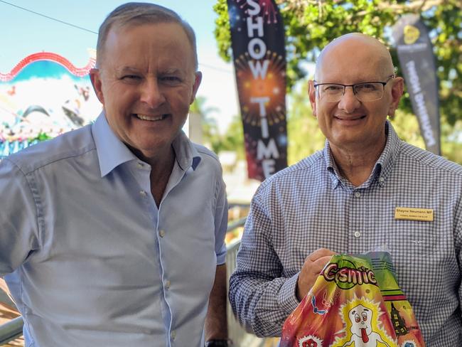 Australian Labor Party leader Anthony Albanese and Federal Member for Blair Shayne Neumann talk showbags at the Ipswich Show, 2021. Photo: Ebony Graveur