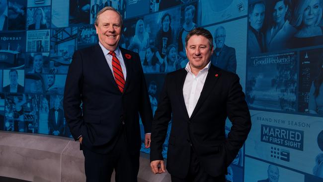 Nine Entertainment chairman Peter Costello, left, and chief executive Mike Sneesby. Picture: James Brickwood.