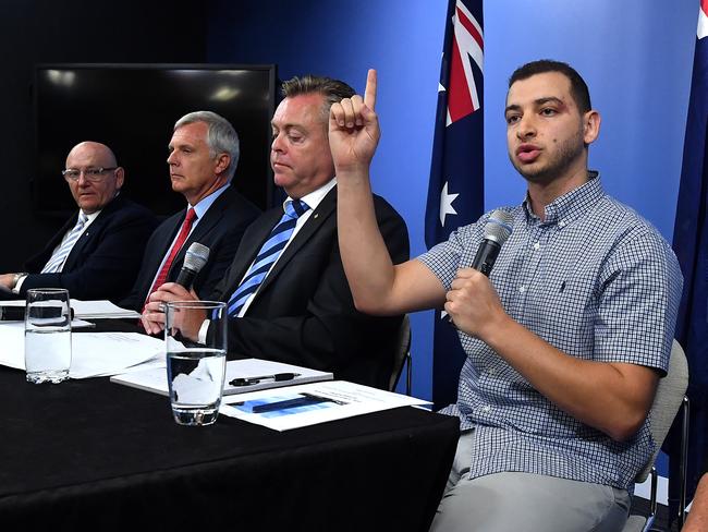 (L-R) Professor John Carter, Professor Mark Hoffman, NSW Minister for Planning and Housing Anthony Roberts, Chairman of the Opal Tower body corporate Shady Eskander at an Opal Tower press conference. Picture: AAP